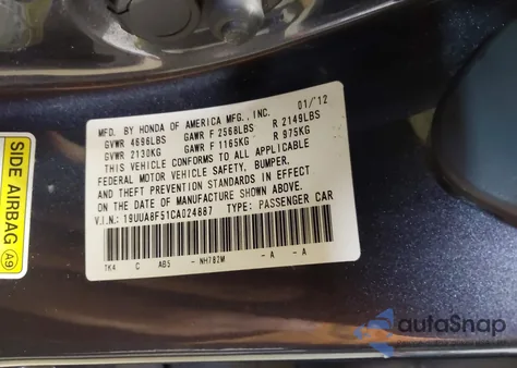 2012 Acura Tl 3.5 z USA, uszkodzony, nr VIN 19UUA8F51CA024887